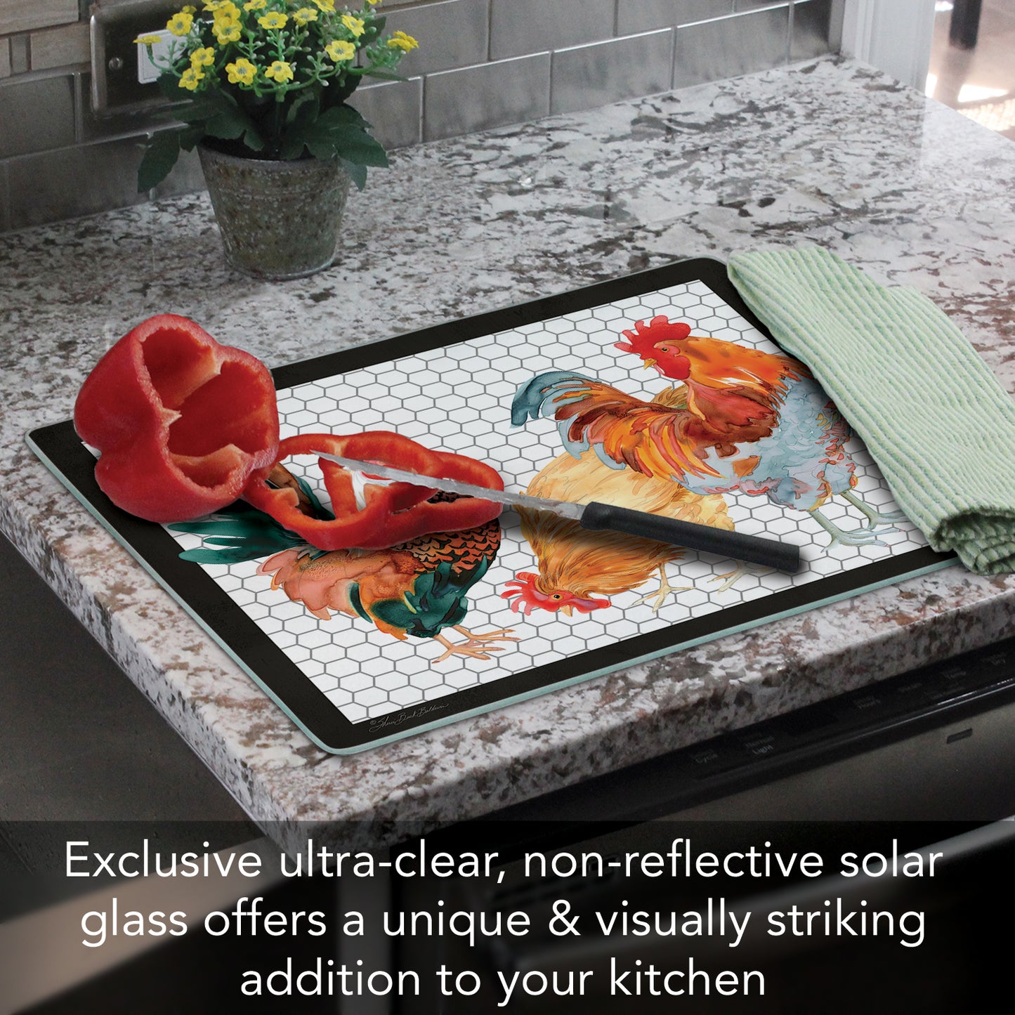 CounterArt Whimsical Roosters 3mm Tempered Glass Cutting Board 15" x 12" Manufactured in the USA