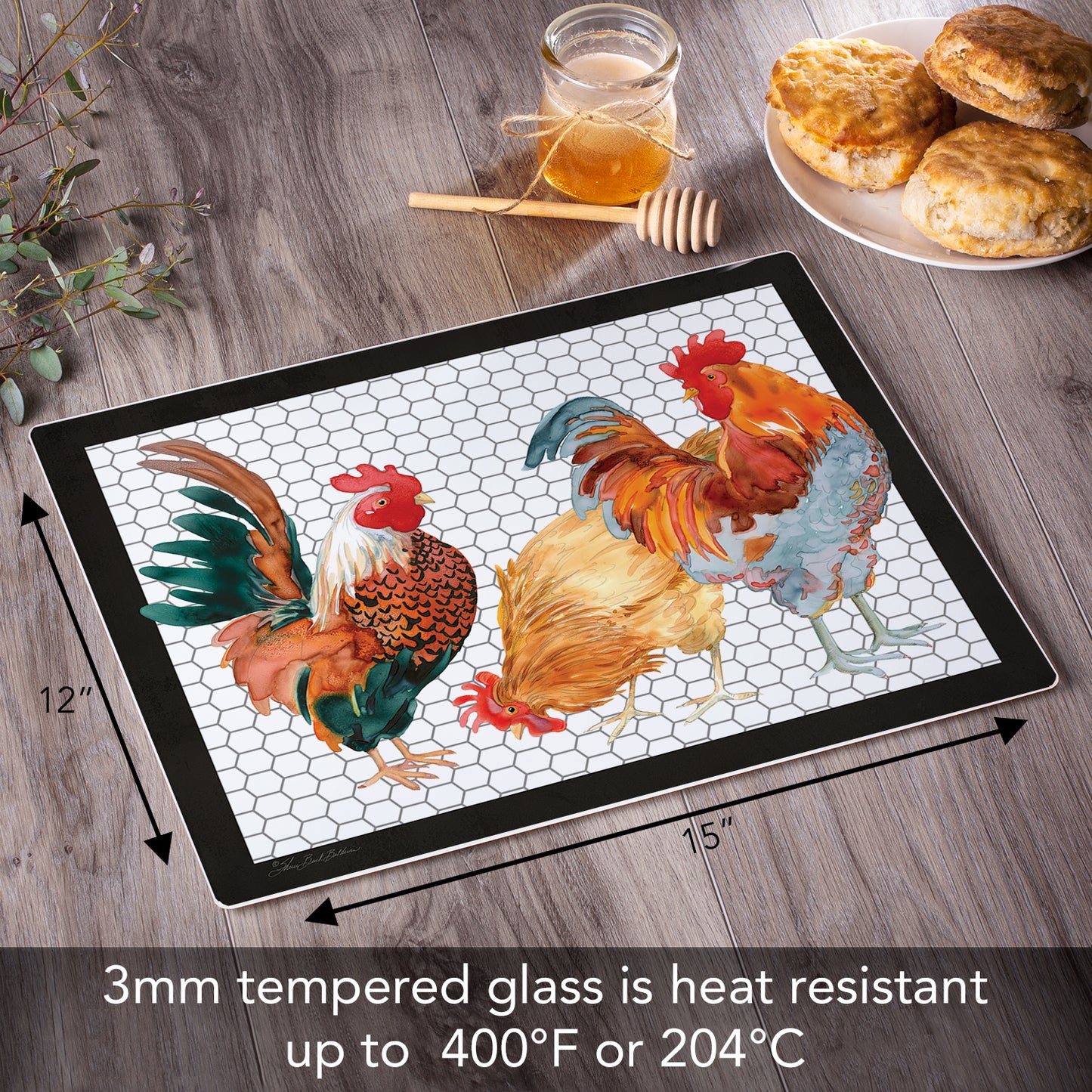 CounterArt Whimsical Roosters 3mm Tempered Glass Cutting Board 15" x 12" Manufactured in the USA