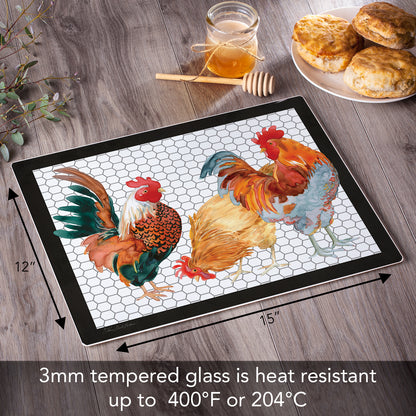 CounterArt Whimsical Roosters 3mm Tempered Glass Cutting Board 15" x 12" Manufactured in the USA