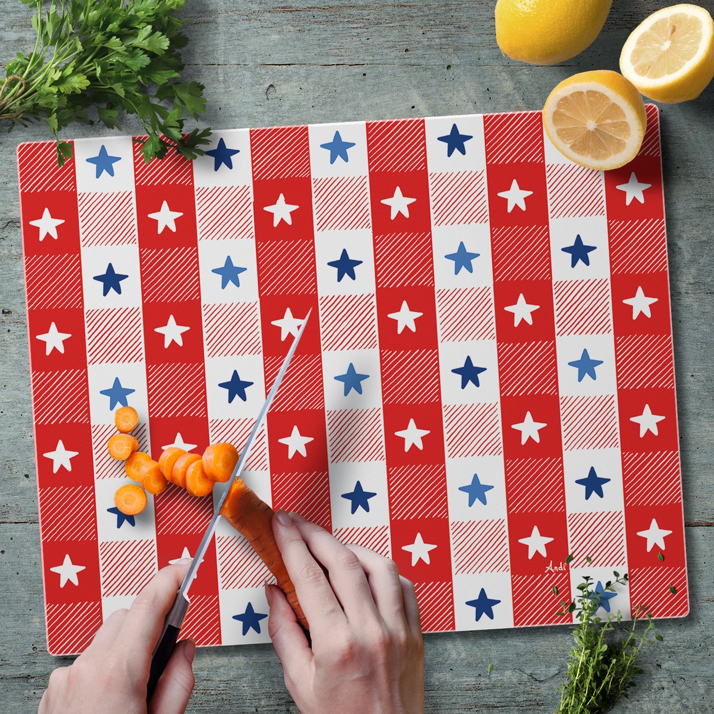 CounterArt Patriotic Picnic 3mm Tempered Glass Cutting Board 15” x 12” Manufactured in the USA
