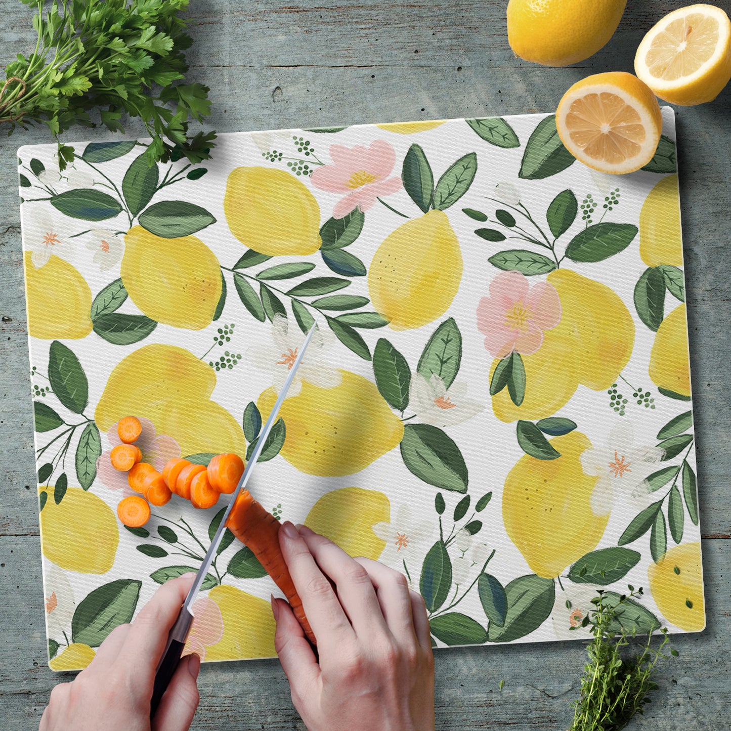 CounterArt Lemons on the Vine 3mm Tempered Glass Cutting Board 15" x 12" Manufactured in the USA