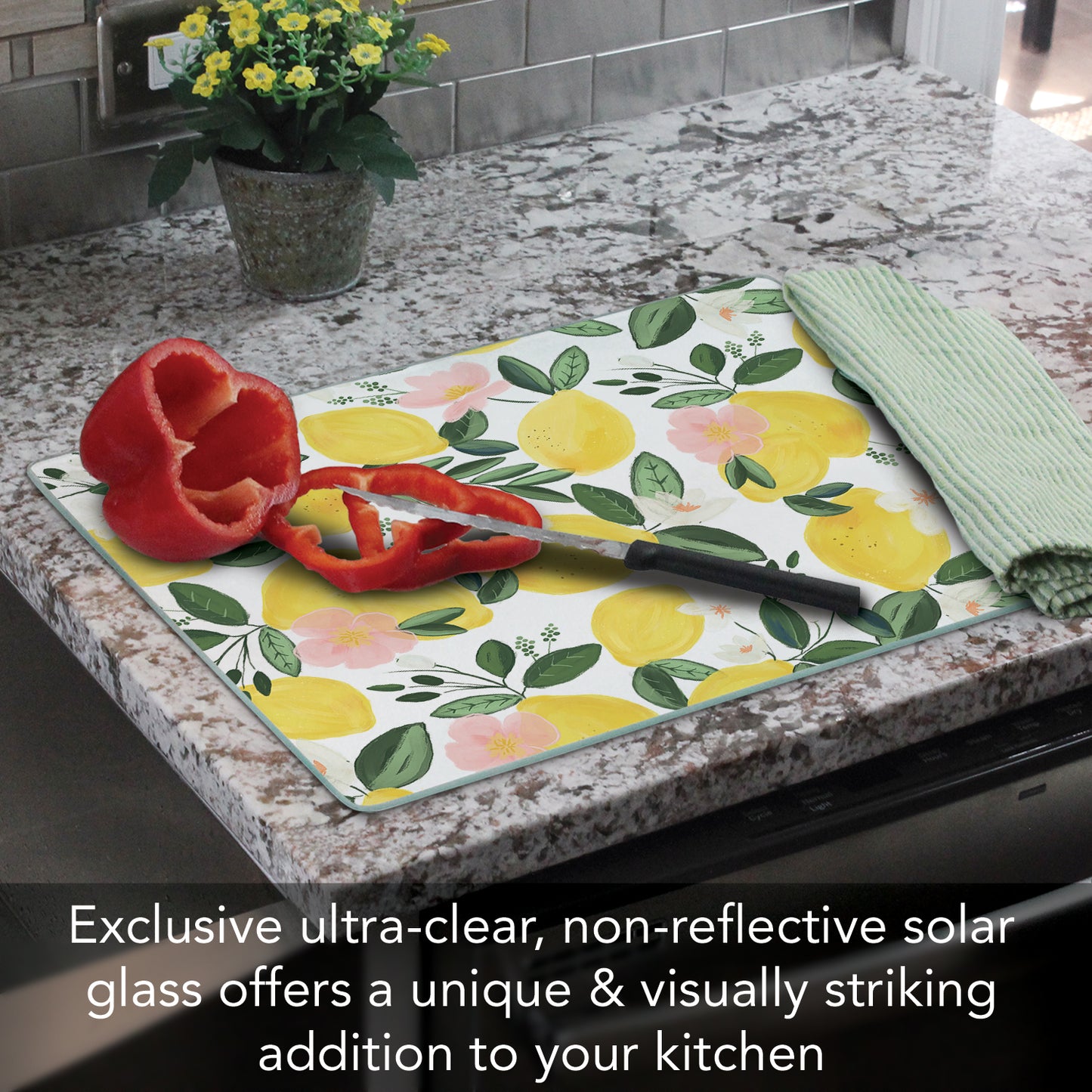 CounterArt Lemons on the Vine 3mm Tempered Glass Cutting Board 15" x 12" Manufactured in the USA