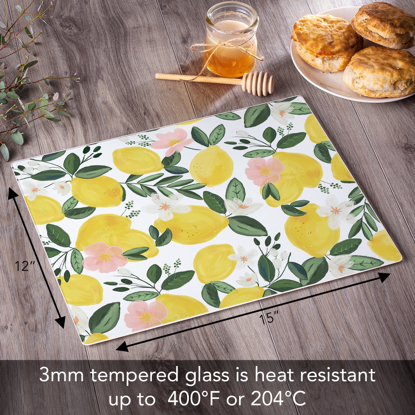 CounterArt Lemons on the Vine 3mm Tempered Glass Cutting Board 15" x 12" Manufactured in the USA