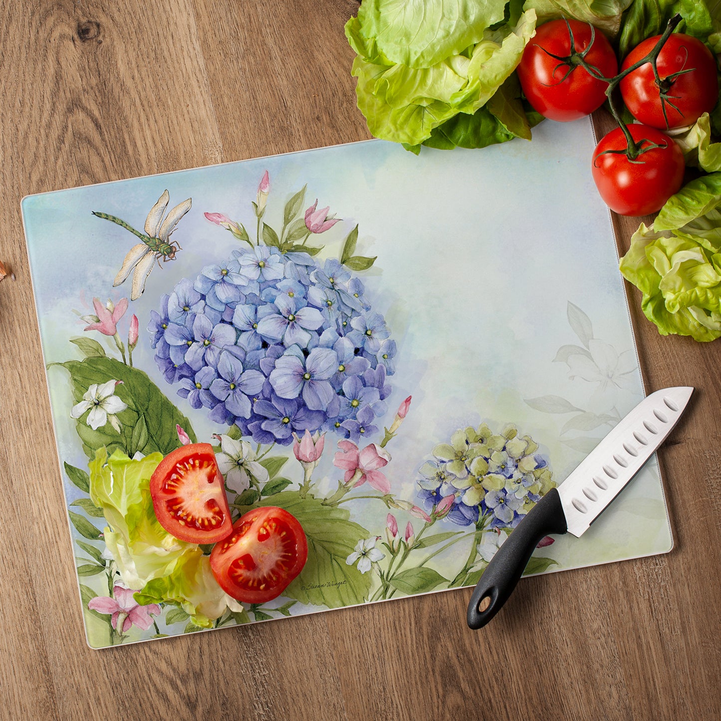 CounterArt Dragonfly Hydrangea 3mm Tempered Glass Cutting Board 15" x 12" Manufactured in the USA
