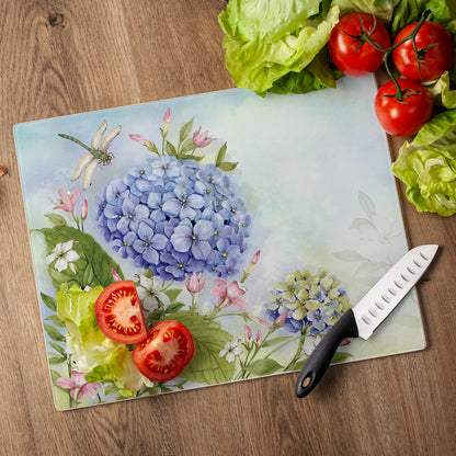 CounterArt Dragonfly Hydrangea 3mm Tempered Glass Cutting Board 15" x 12" Manufactured in the USA