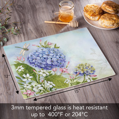 CounterArt Dragonfly Hydrangea 3mm Tempered Glass Cutting Board 15" x 12" Manufactured in the USA