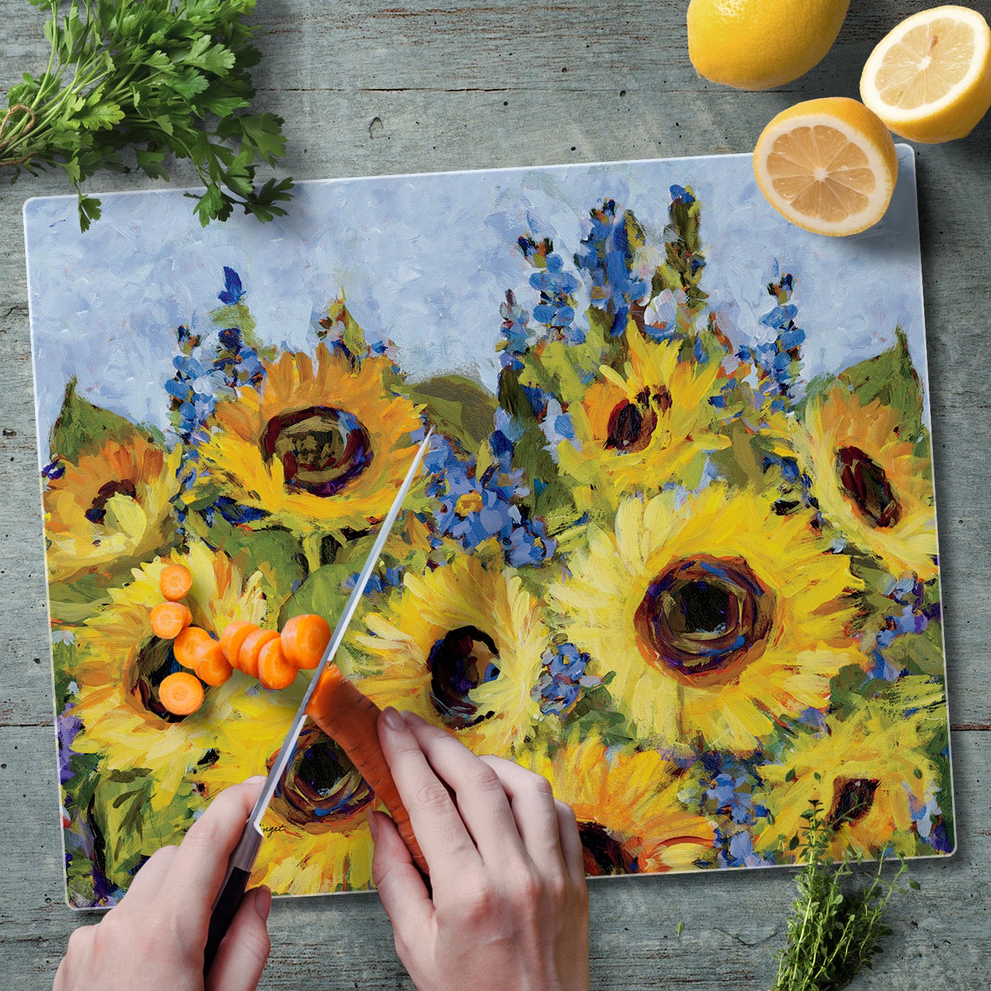 CounterArt Gallery of Sunflowers 3mm Tempered Glass Cutting Board 15" x 12" Manufactured in the USA