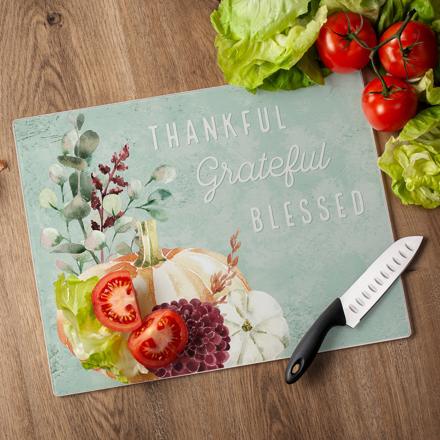 CounterArt Thankful Grateful Pumpkin 3mm Tempered Glass Cutting Board 15" x 12" Manufactured in the USA