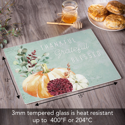CounterArt Thankful Grateful Pumpkin 3mm Tempered Glass Cutting Board 15" x 12" Manufactured in the USA