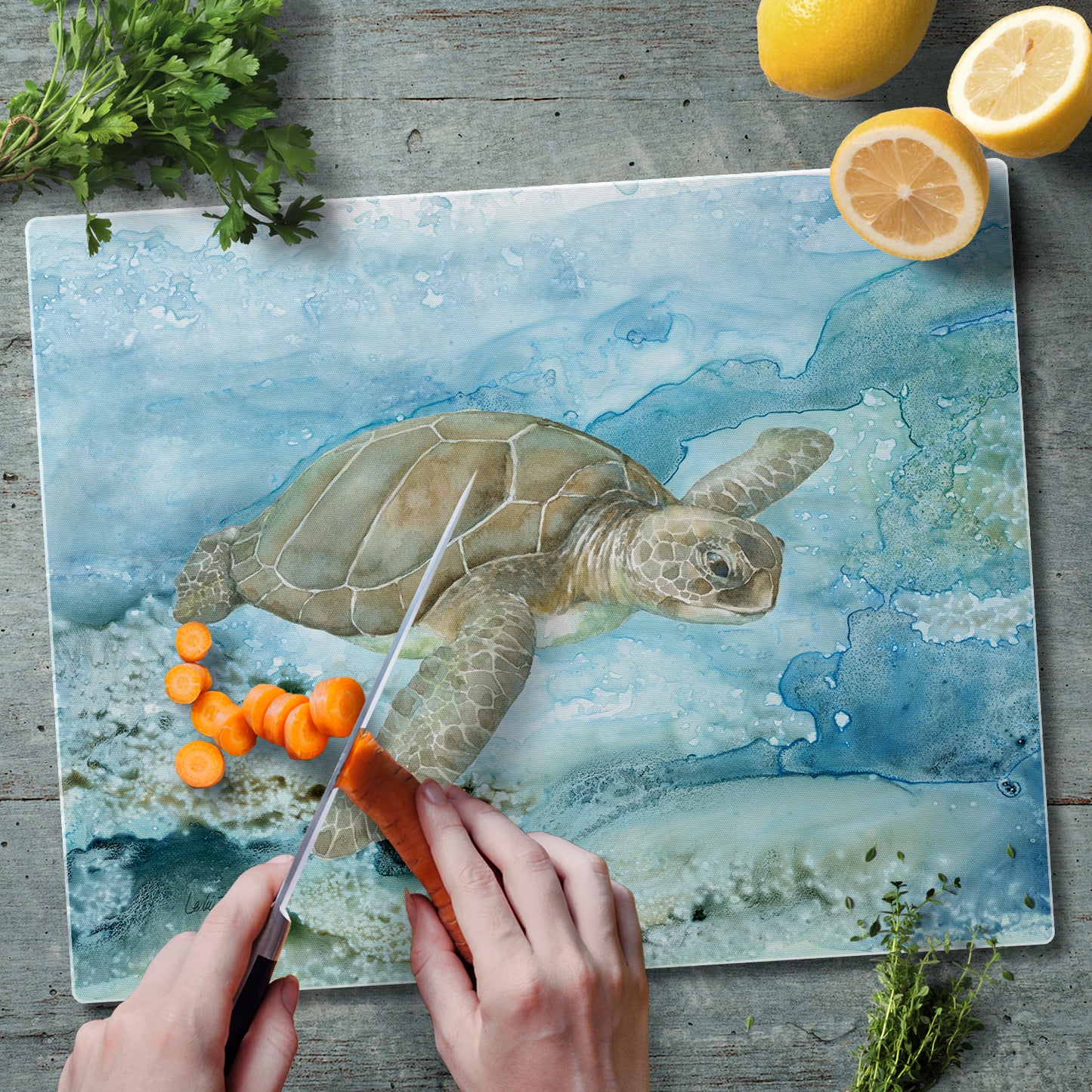 CounterArt Sea Turtle 3mm Tempered Glass Cutting Board 15" x 12" Manufactured in the USA