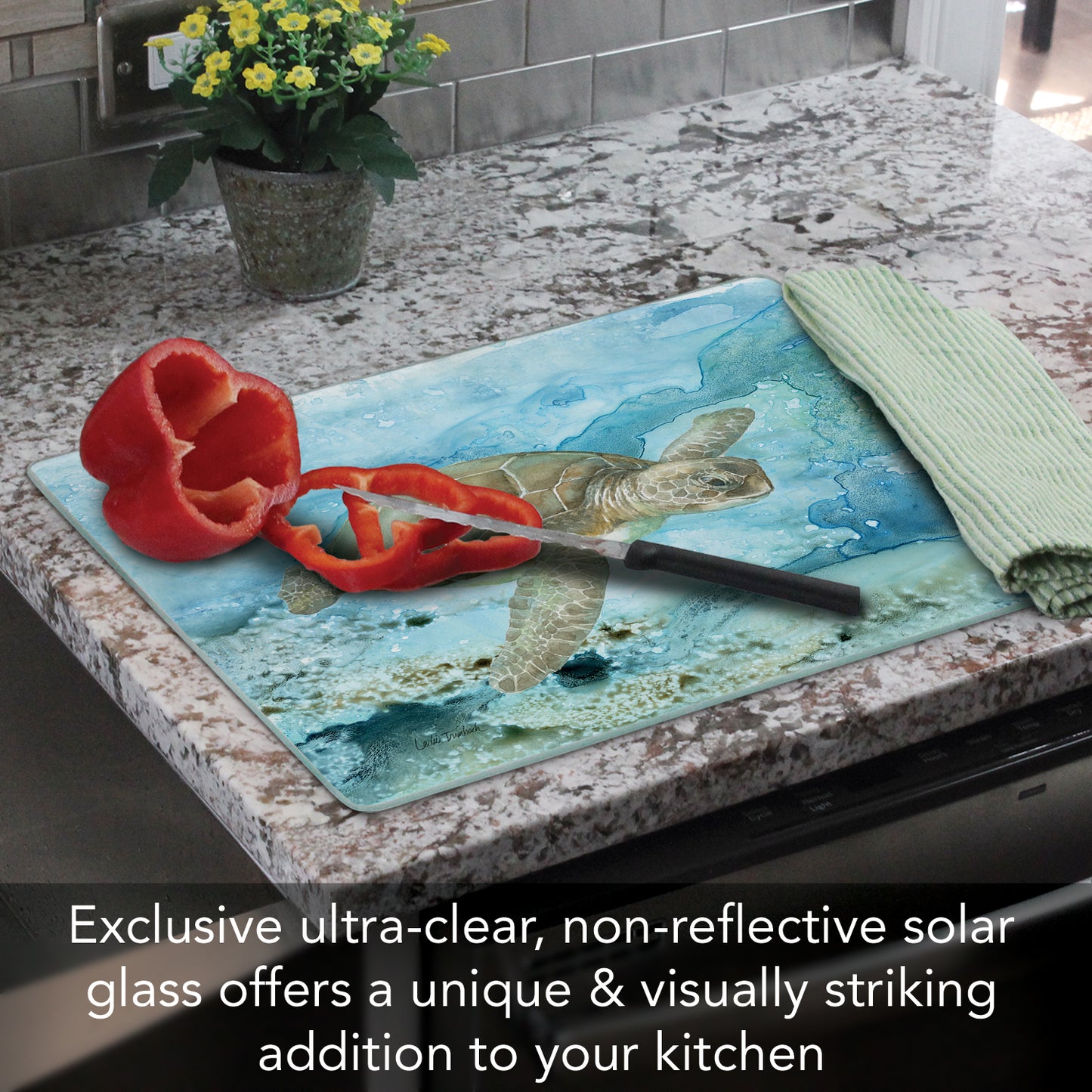 CounterArt Sea Turtle 3mm Tempered Glass Cutting Board 15" x 12" Manufactured in the USA