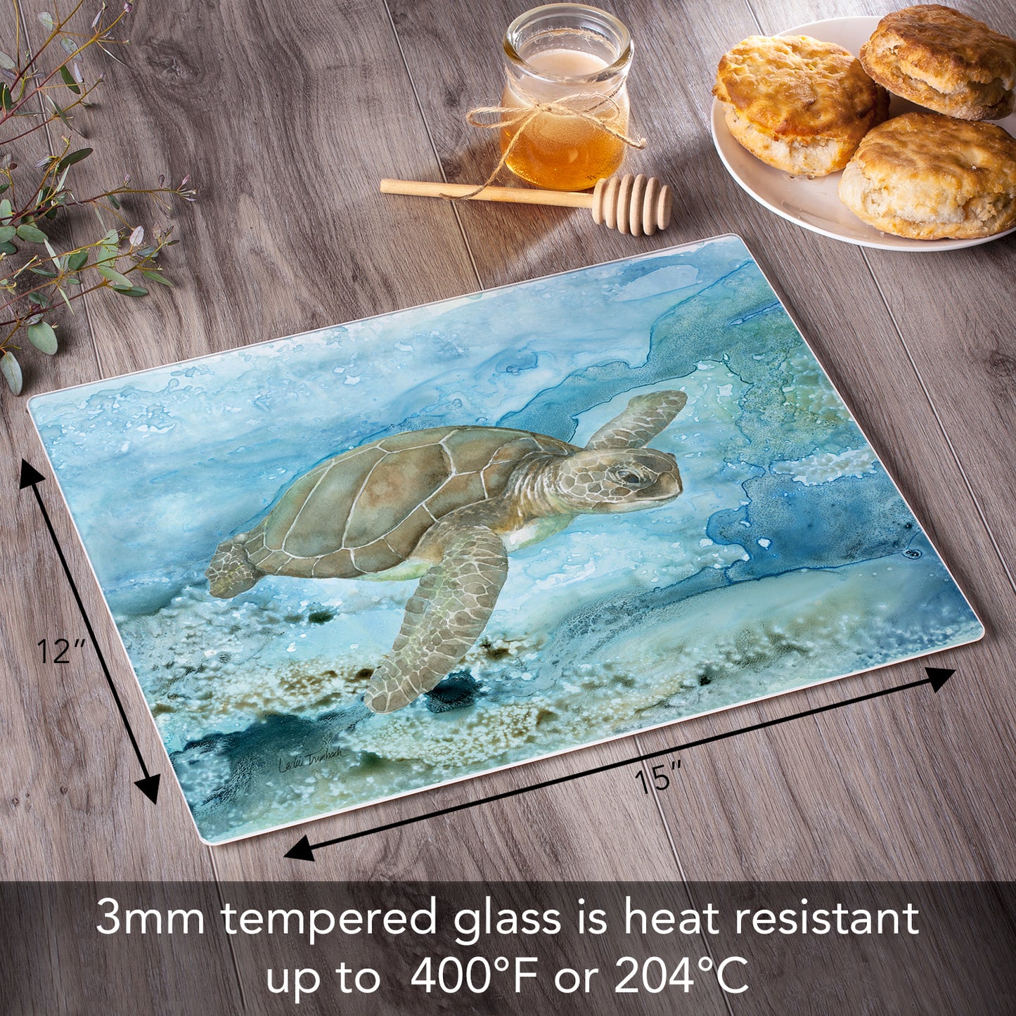 CounterArt Sea Turtle 3mm Tempered Glass Cutting Board 15" x 12" Manufactured in the USA