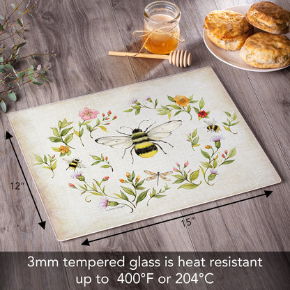 CounterArt Bee Wreath 3mm Tempered Glass Cutting Board 15" x 12" Manufactured in the USA