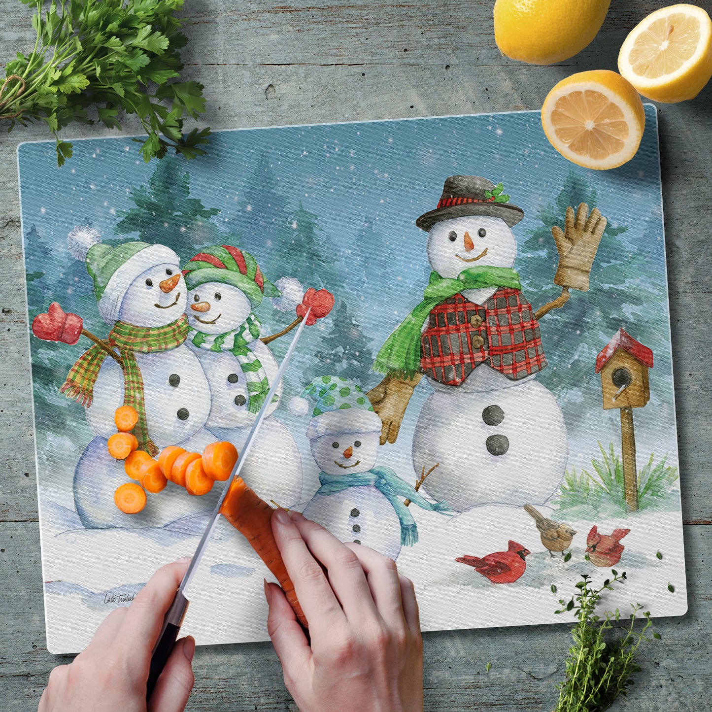CounterArt Snowman Family 3mm Tempered Glass Cutting Board 15" x 12" Manufactured in the USA