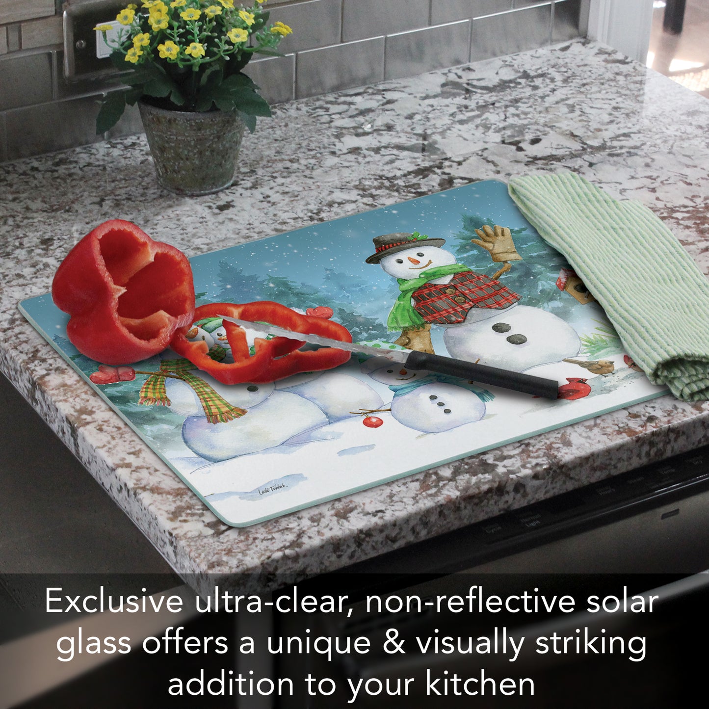 CounterArt Snowman Family 3mm Tempered Glass Cutting Board 15" x 12" Manufactured in the USA