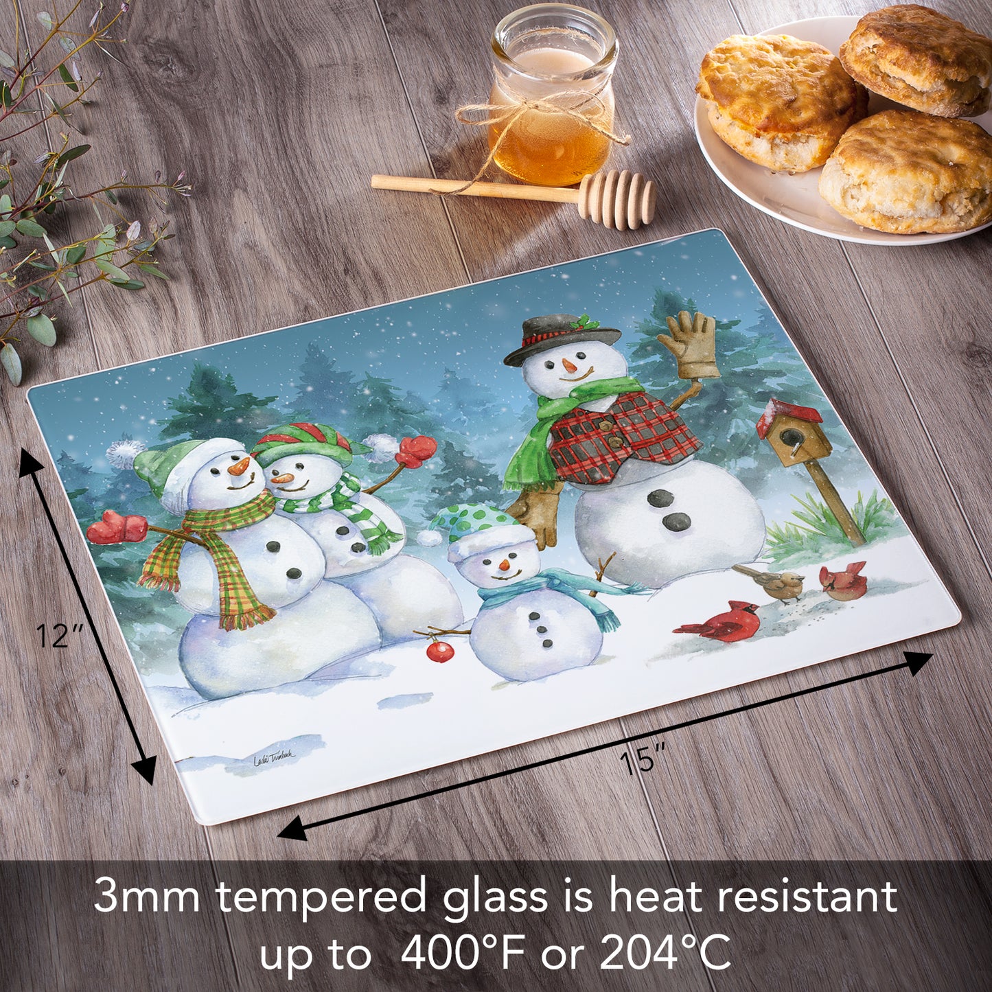 CounterArt Snowman Family 3mm Tempered Glass Cutting Board 15" x 12" Manufactured in the USA