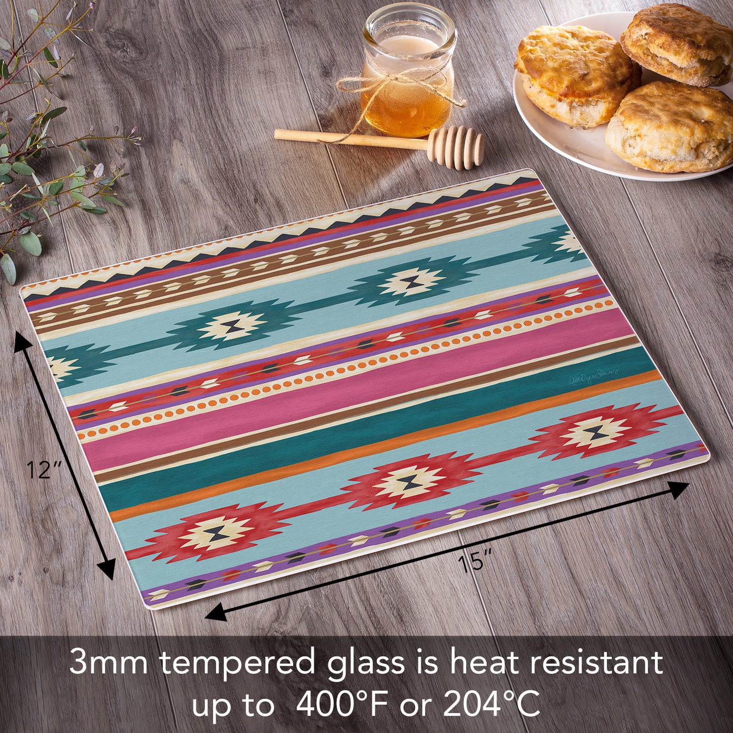 CounterArt Southwest Craze 3mm Tempered Glass Cutting Board 15” x 12” Manufactured in the USA