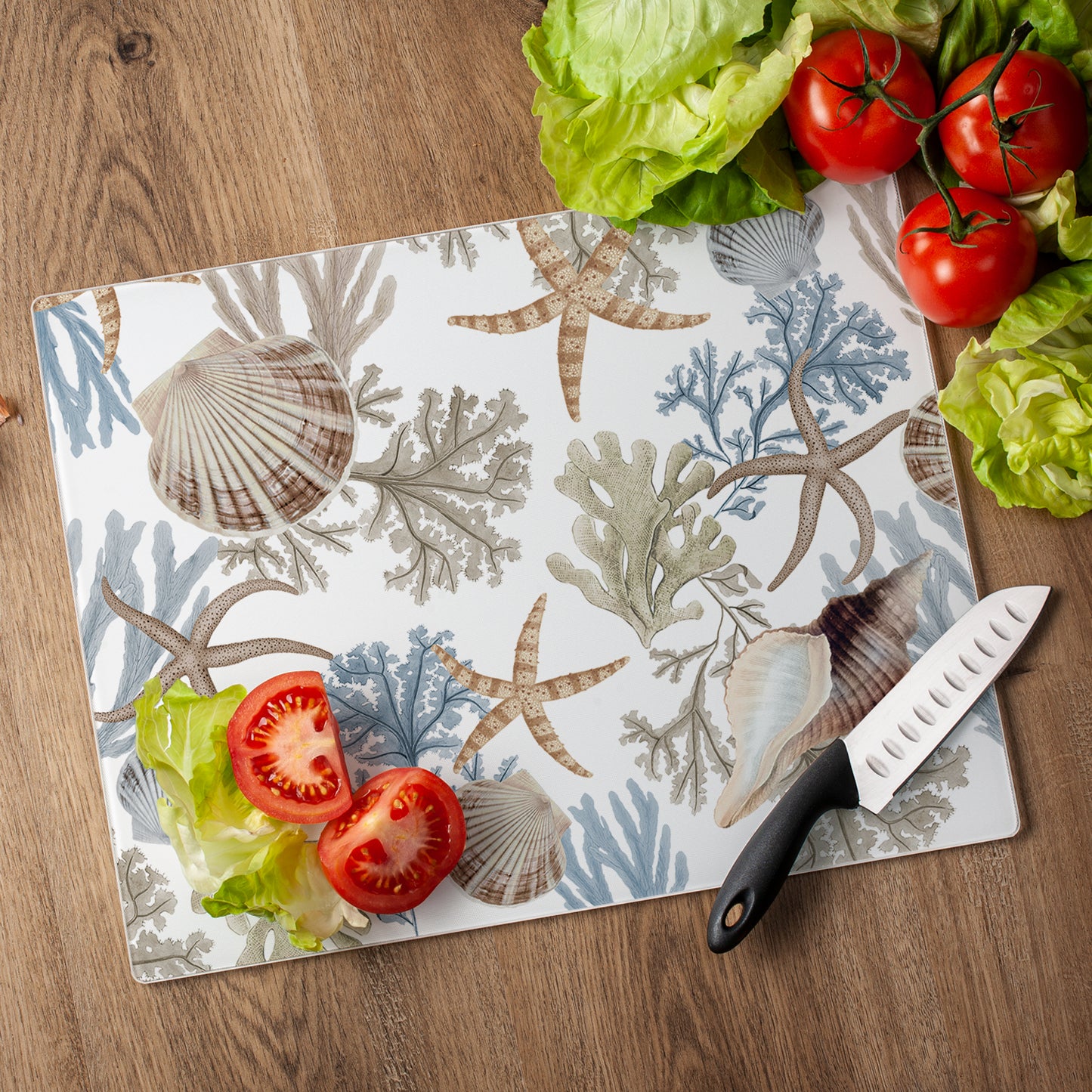 CounterArt Seashells & Starfish 3mm Tempered Glass Cutting Board 15" x 12" Manufactured in the USA