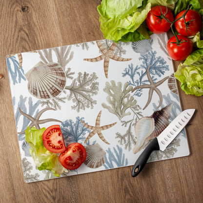 CounterArt Seashells & Starfish 3mm Tempered Glass Cutting Board 15" x 12" Manufactured in the USA