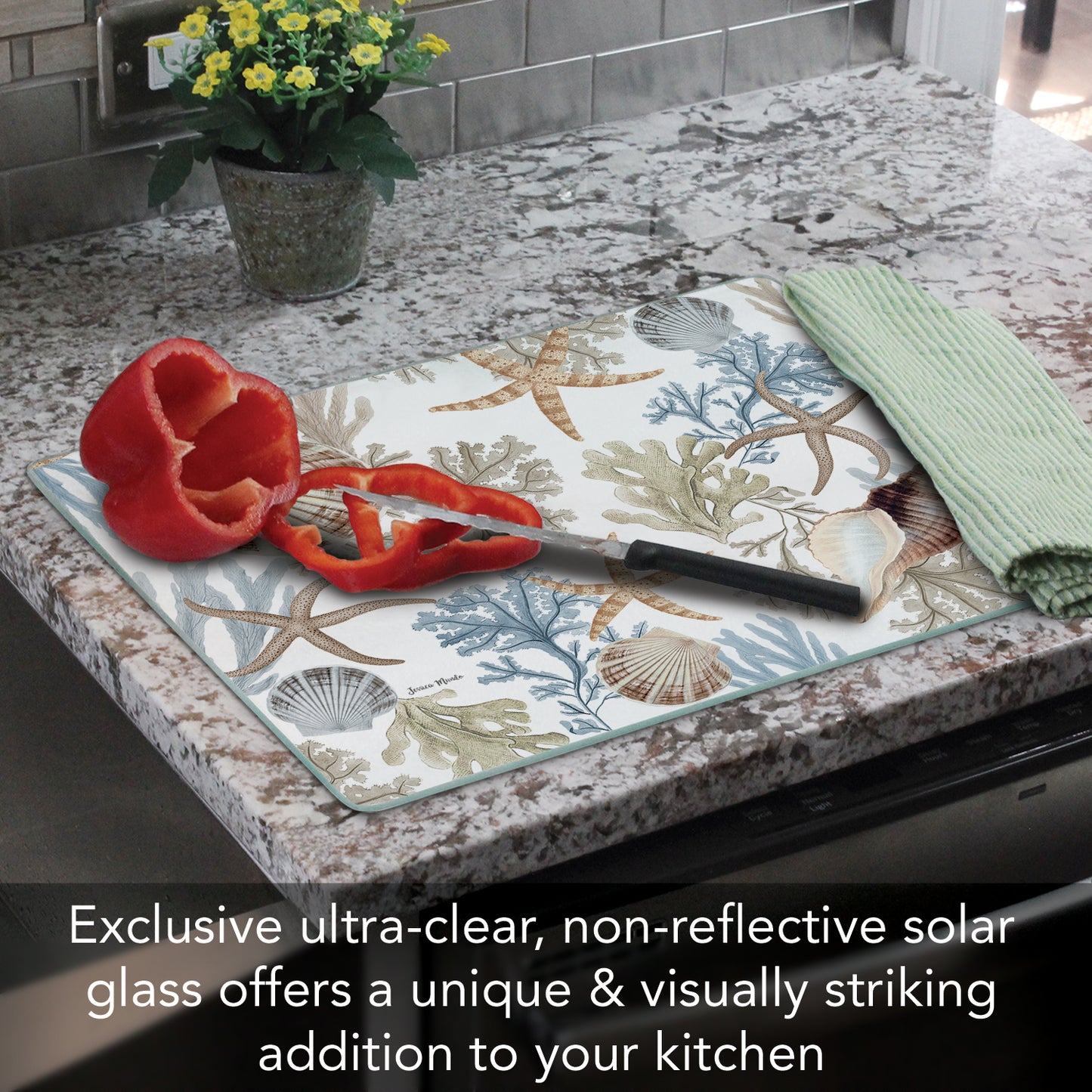 CounterArt Seashells & Starfish 3mm Tempered Glass Cutting Board 15" x 12" Manufactured in the USA