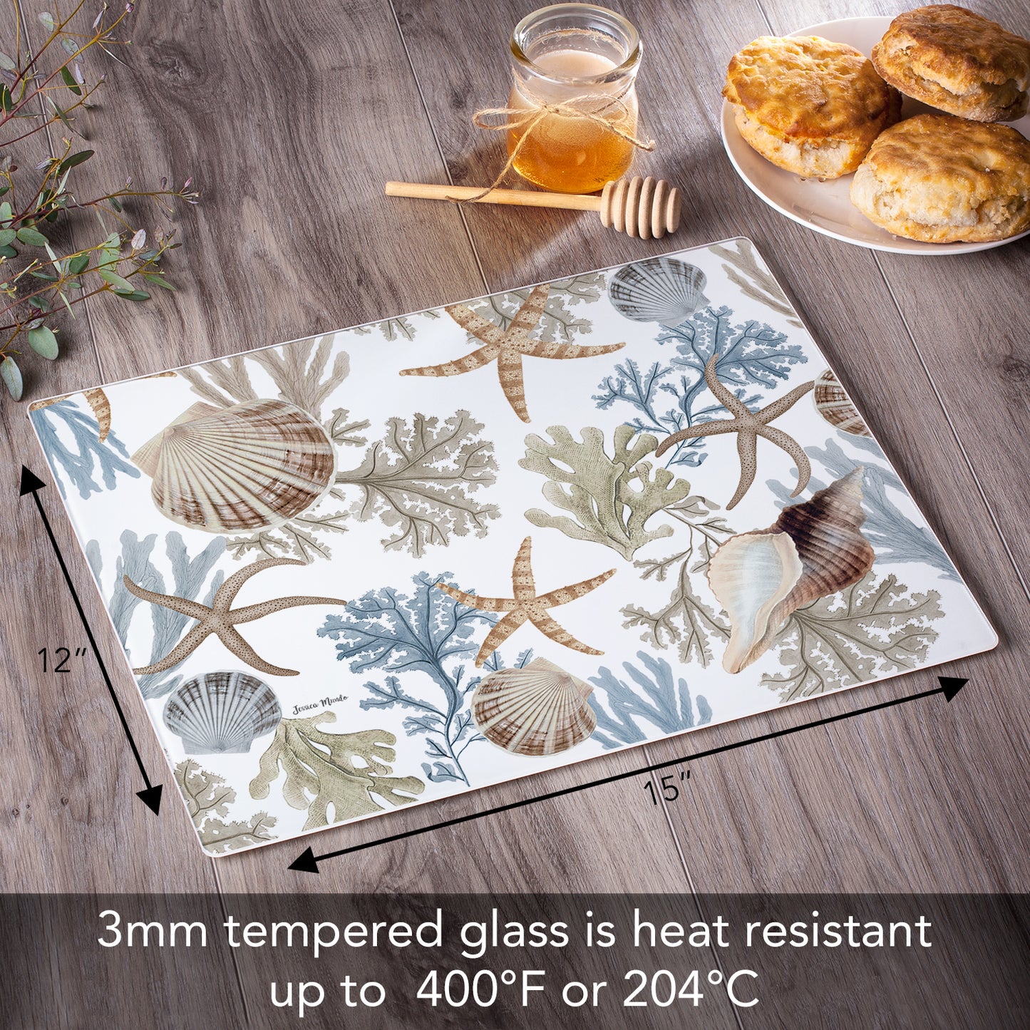 CounterArt Seashells & Starfish 3mm Tempered Glass Cutting Board 15" x 12" Manufactured in the USA