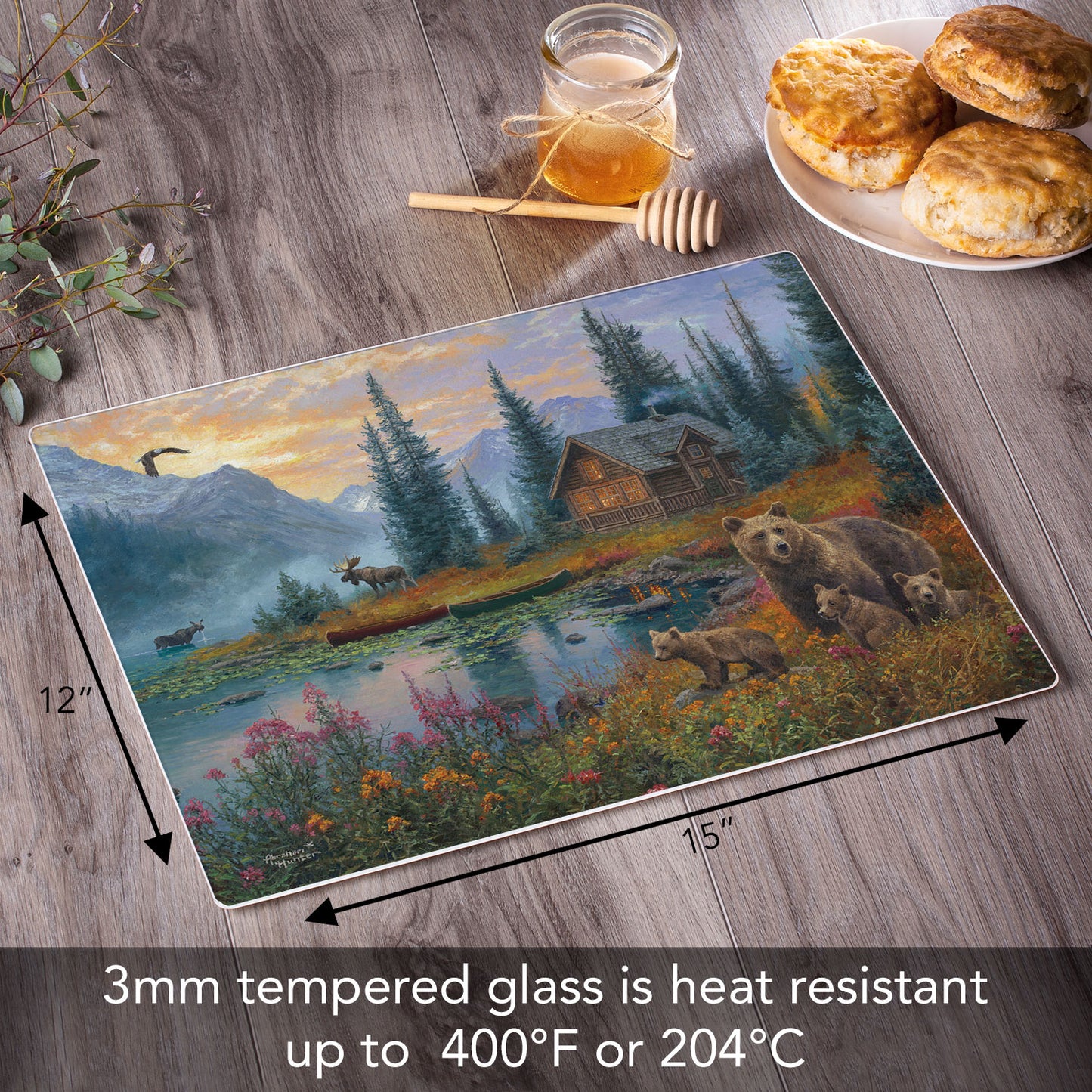 CounterArt Wilderness Retreat 3mm Tempered Glass Cutting Board 15" x 12" Manufactured in the USA