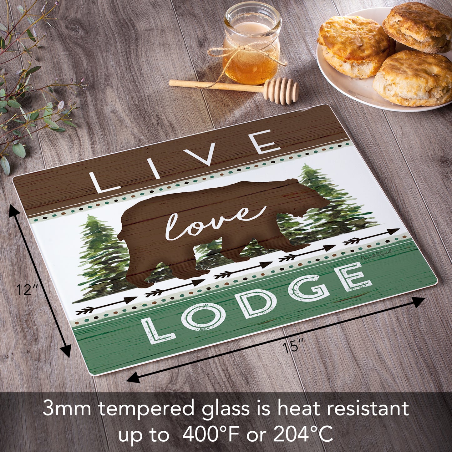 CounterArt Live Love Lodge 3mm Tempered Glass Cutting Board 15" x 12" Manufactured in the USA
