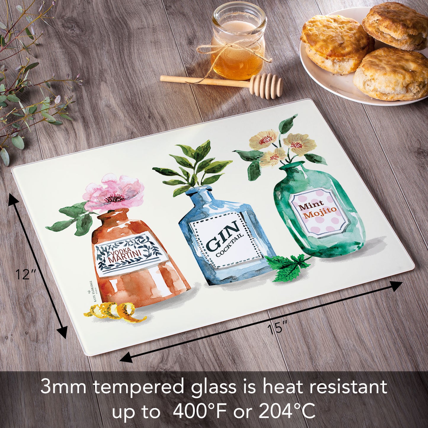 CounterArt Trendy Cocktails 3mm Tempered Glass Cutting Board 15" x 12"