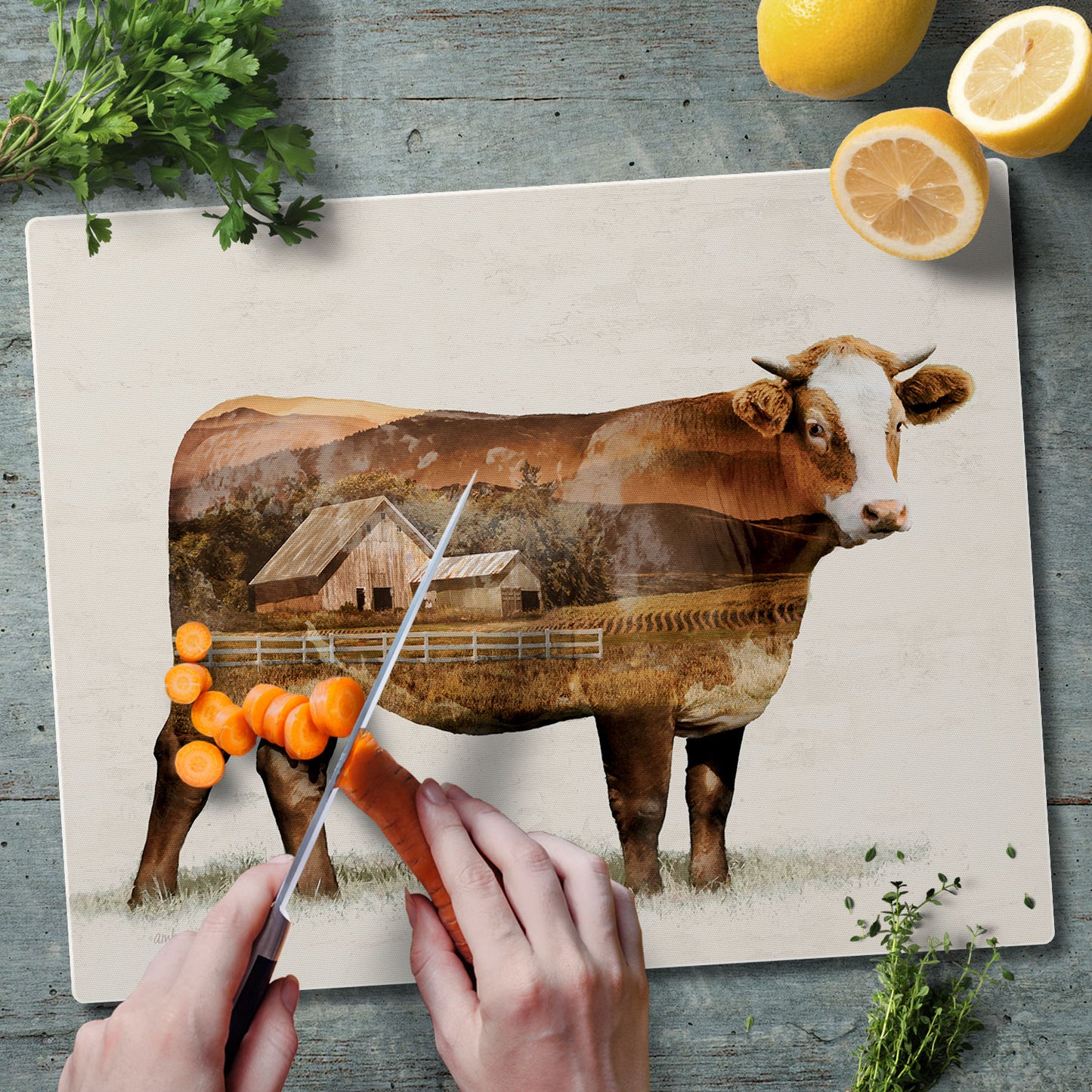CounterArt Cow Landscape 3mm Tempered Glass Cutting Board 15" x 12"