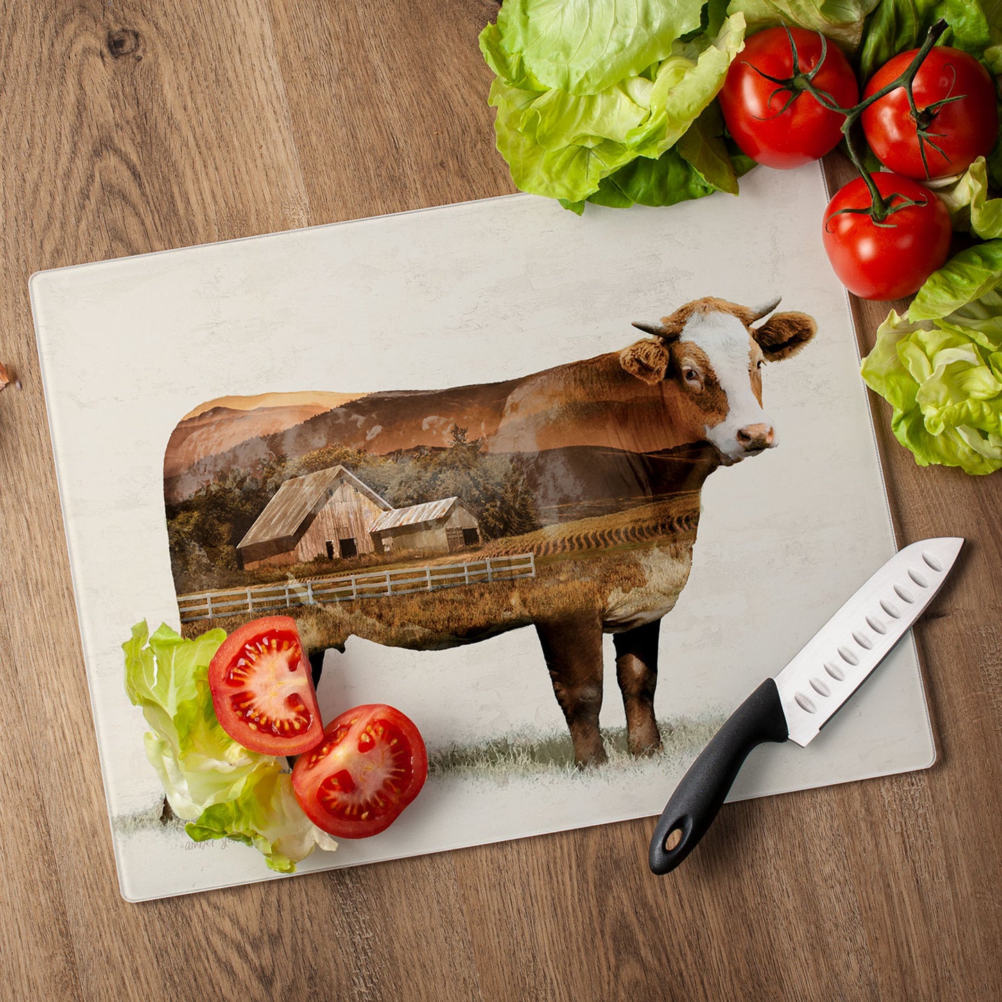 CounterArt Cow Landscape 3mm Tempered Glass Cutting Board 15" x 12"