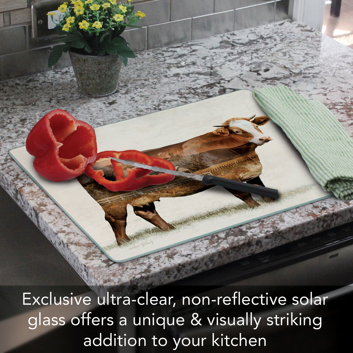 CounterArt Cow Landscape 3mm Tempered Glass Cutting Board 15" x 12"