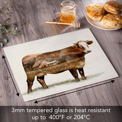 CounterArt Cow Landscape 3mm Tempered Glass Cutting Board 15" x 12"