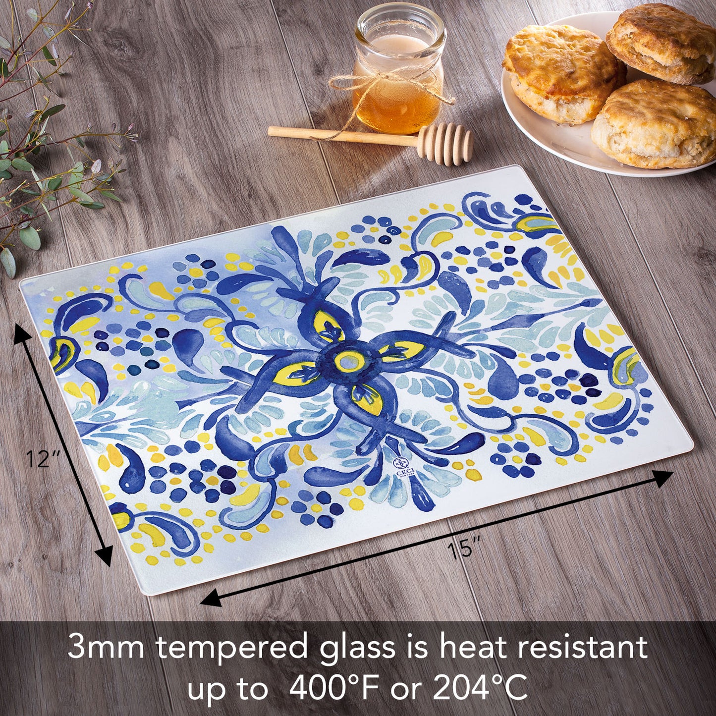CounterArt Portugal Tile 3mm Tempered Glass Cutting Board 15" x 12"