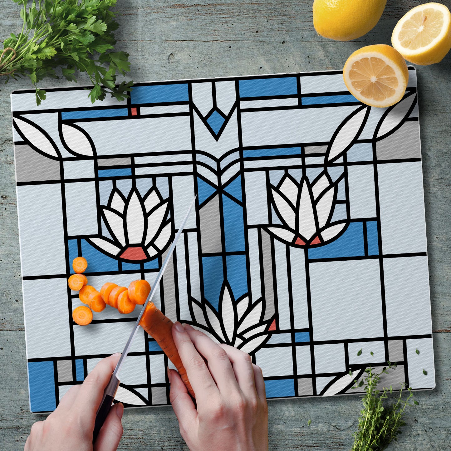 Frank Lloyd Wright Waterlilies 3mm Tempered Glass Cutting Board 15" x 12"