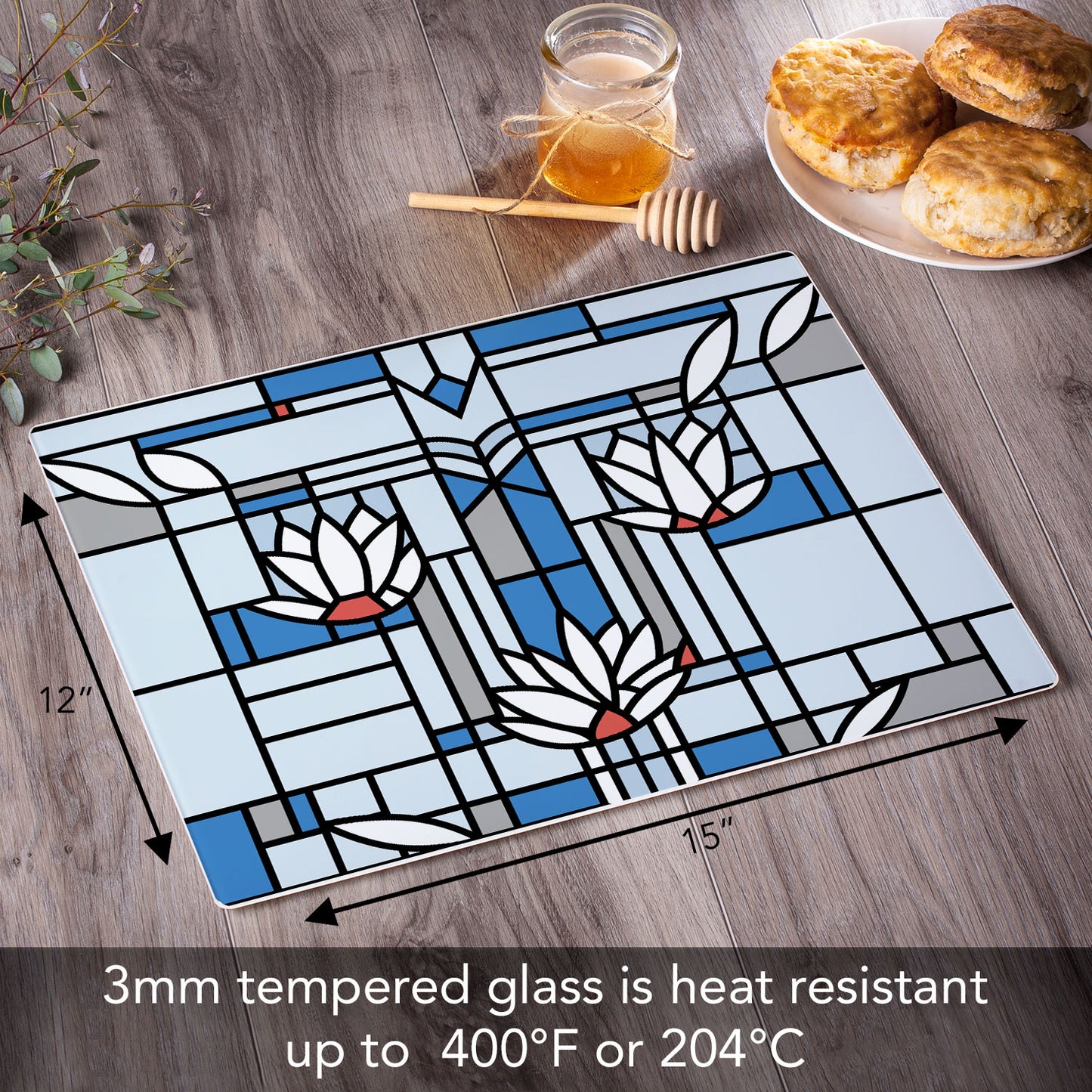 Frank Lloyd Wright Waterlilies 3mm Tempered Glass Cutting Board 15" x 12"