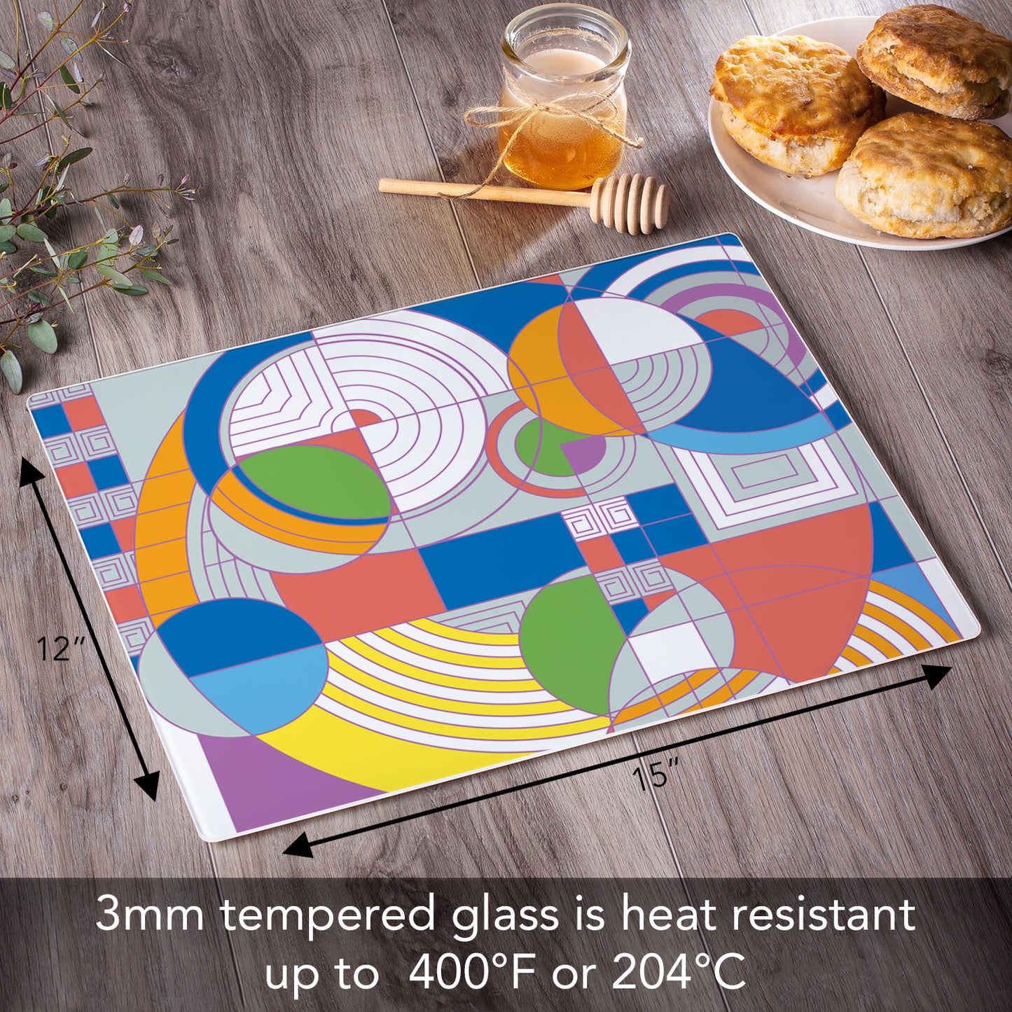 Frank Lloyd Wright Hoffman Rug Design 3mm Tempered Glass Cutting Board 15" x 12"