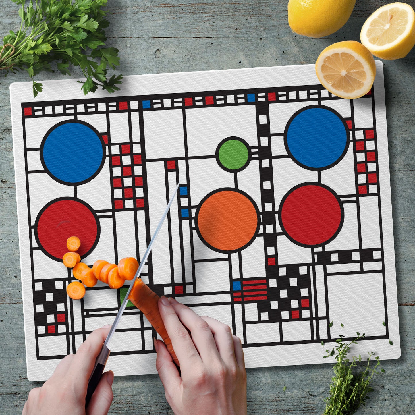 Frank Lloyd Wright Coonley Playhouse Design 3mm Tempered Glass Cutting Board 15" x 12"