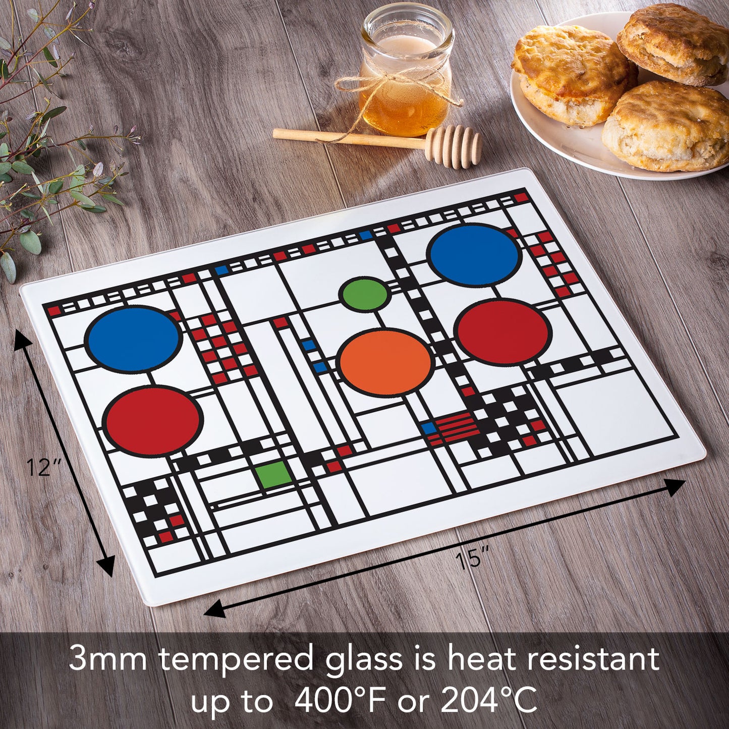 Frank Lloyd Wright Coonley Playhouse Design 3mm Tempered Glass Cutting Board 15" x 12"