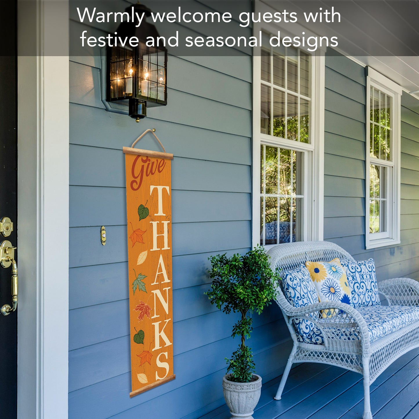 Highland Home Give Thanks Indoor/Outdoor Vinyl Hanging Entryway Sign Made in the USA Reusable Easy Wipes Clean Easy Storage