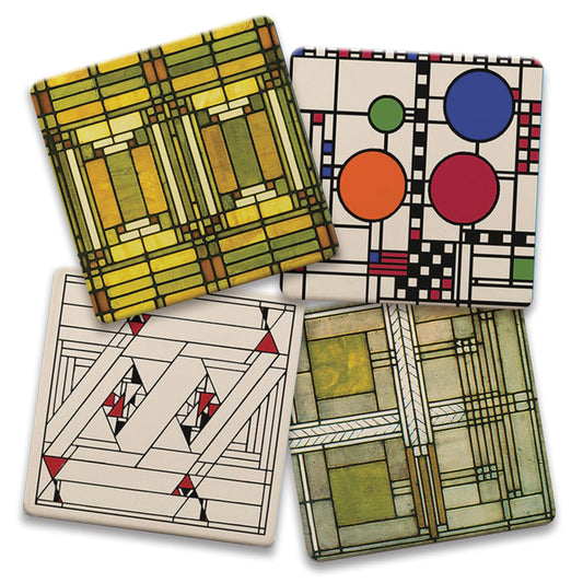Assorted Art Glass Designs by Frank Lloyd Wright 4-Pack Absorbent Stone Coasters 4" Square