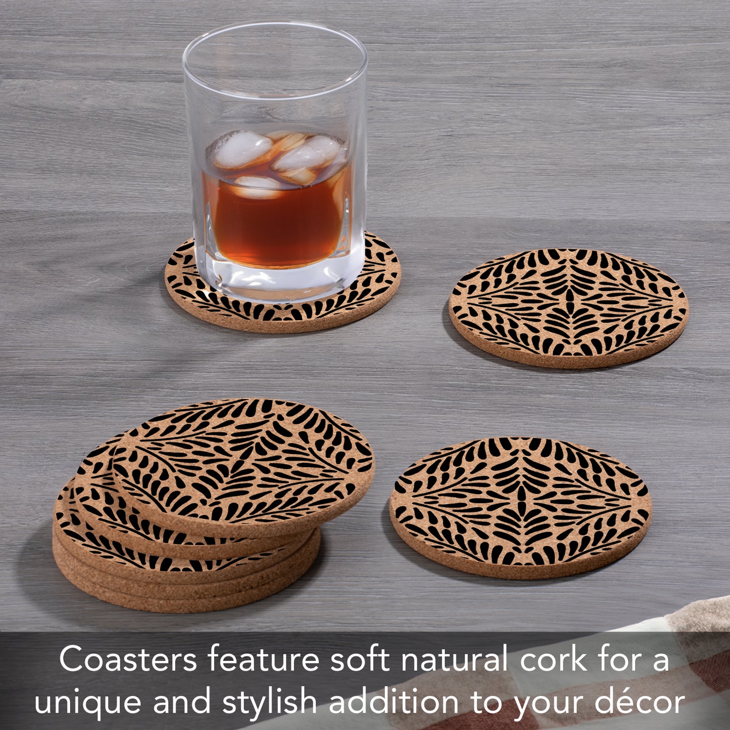 Thirstystone Black Floral 8-Pack Thick Natural Cork Coasters Manufactured in The USA Eco-Friendly Absorbent Durable