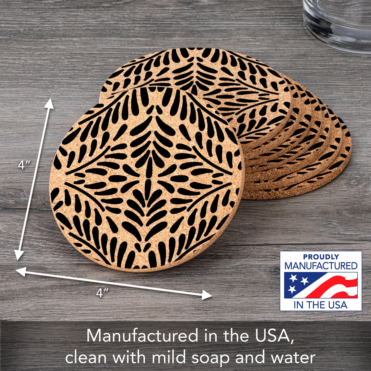 Thirstystone Black Floral 8-Pack Thick Natural Cork Coasters Manufactured in The USA Eco-Friendly Absorbent Durable
