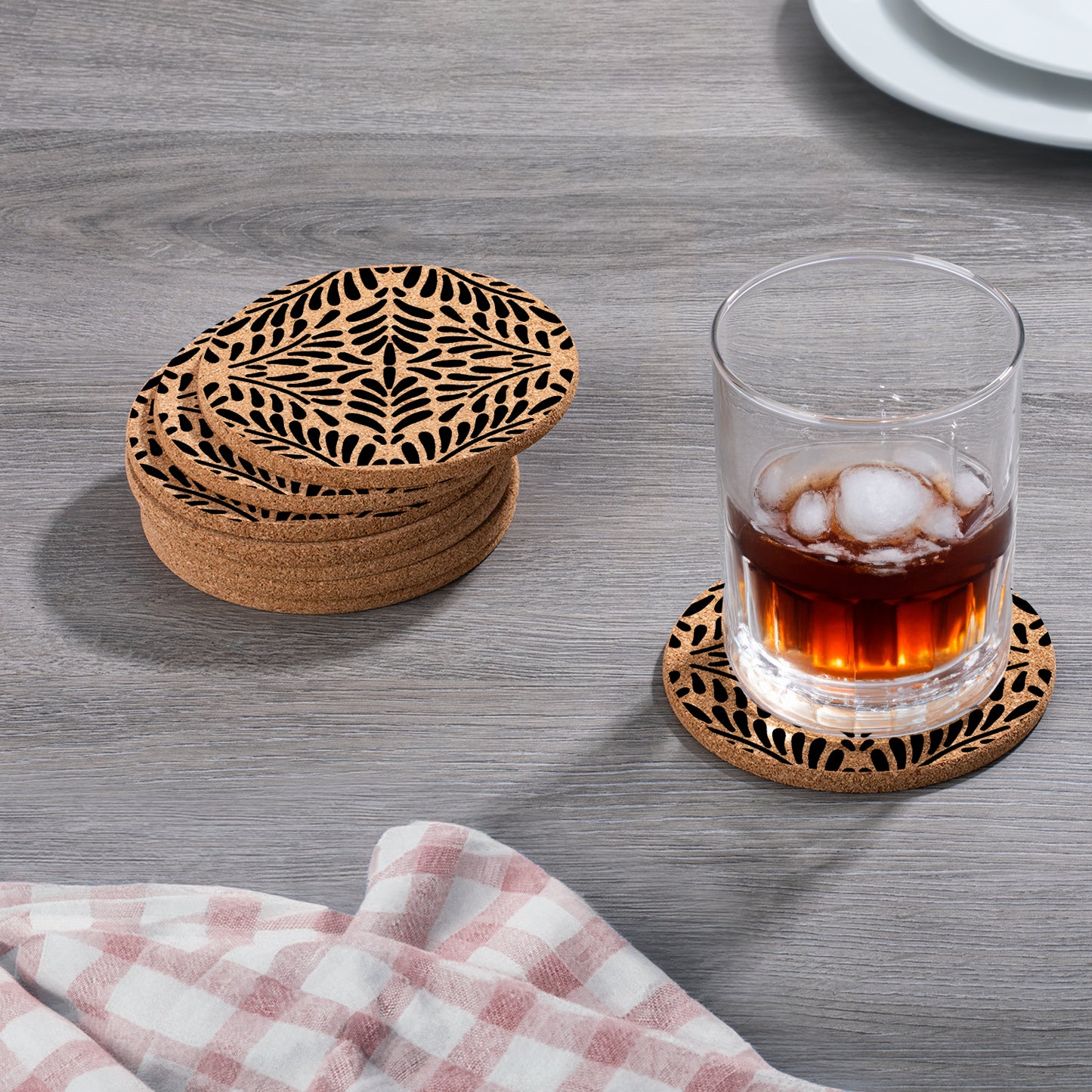 Thirstystone Black Floral 8-Pack Thick Natural Cork Coasters Manufactured in The USA Eco-Friendly Absorbent Durable