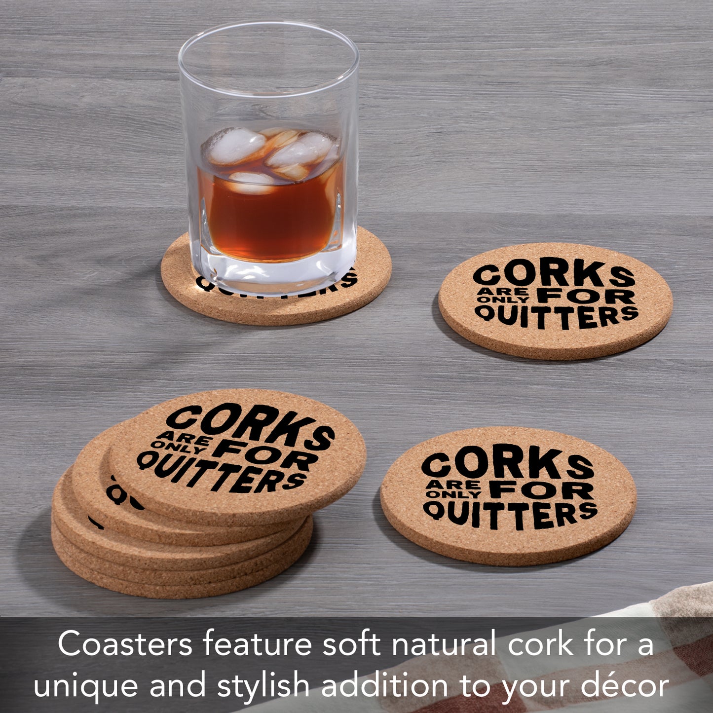 Thirstystone Quitters 8-Pack Thick Natural Cork Coasters Manufactured in The USA Eco-Friendly Absorbent Durable