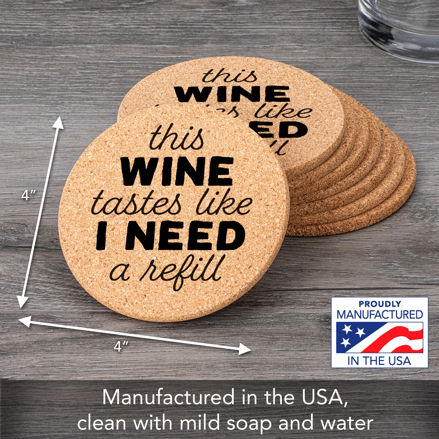 Thirstystone Need a Refill 8-Pack Thick Natural Cork Coasters Manufactured in The USA Eco-Friendly Absorbent Durable
