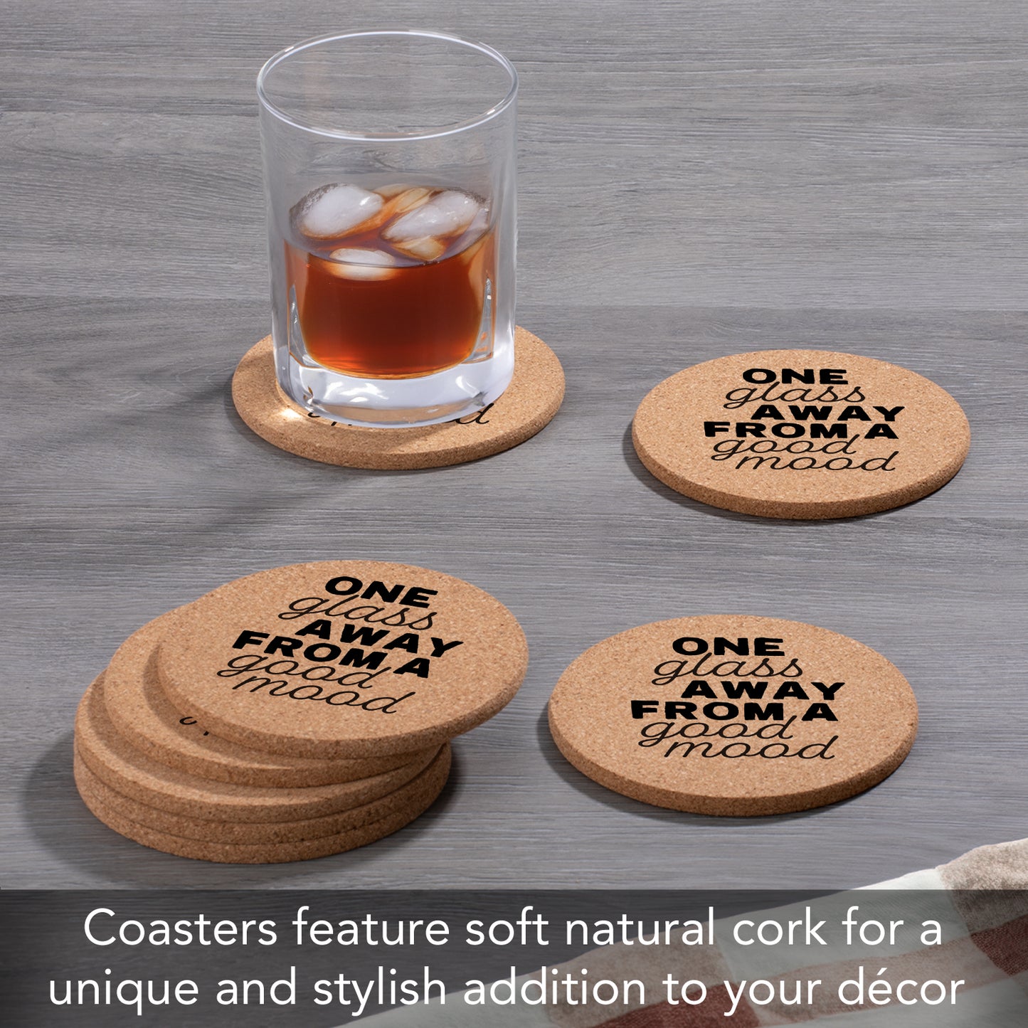 Thirstystone One Glass Away 8-Pack Thick Natural Cork Coasters Manufactured in The USA Eco-Friendly Absorbent Durable