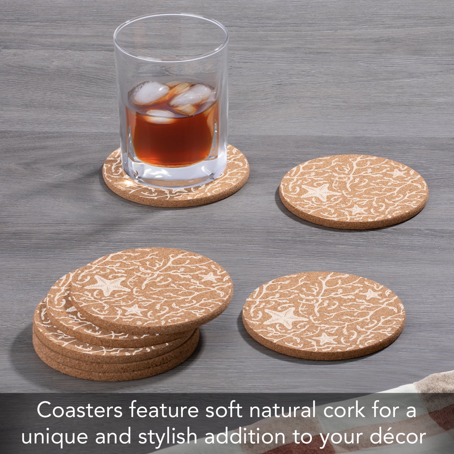 Thirstystone Starfish 8-Pack Thick Natural Cork Coasters Manufactured in The USA Eco-Friendly Absorbent Durable