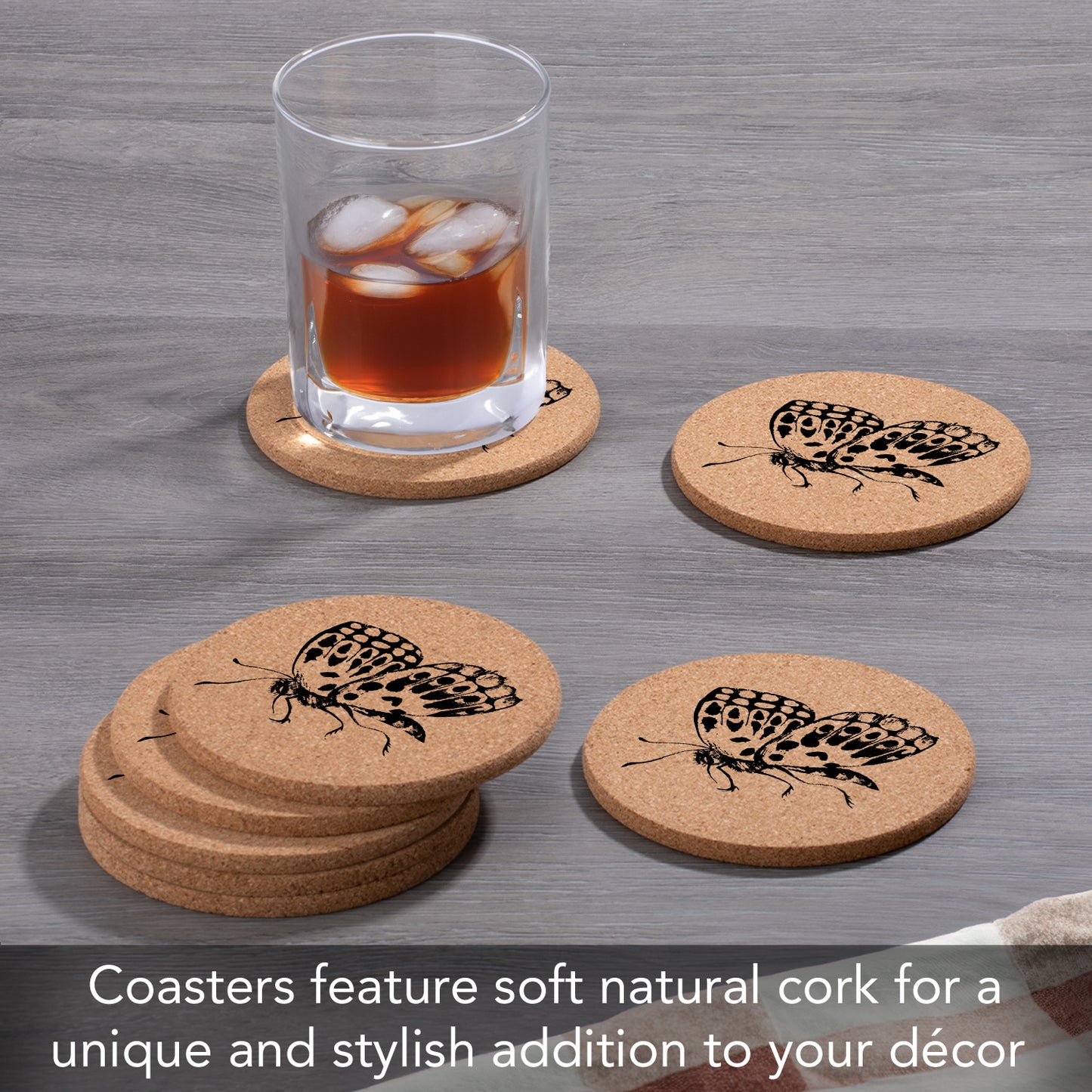 Thirstystone Butterfly 8-Pack Thick Natural Cork Coasters Manufactured in The USA Eco-Friendly Absorbent Durable