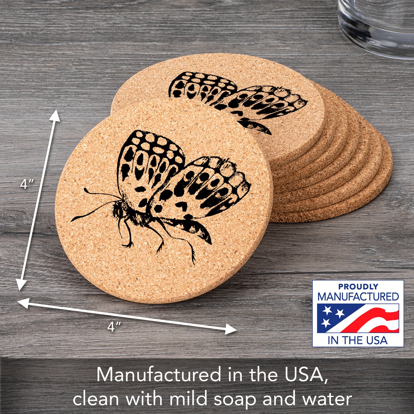Thirstystone Butterfly 8-Pack Thick Natural Cork Coasters Manufactured in The USA Eco-Friendly Absorbent Durable