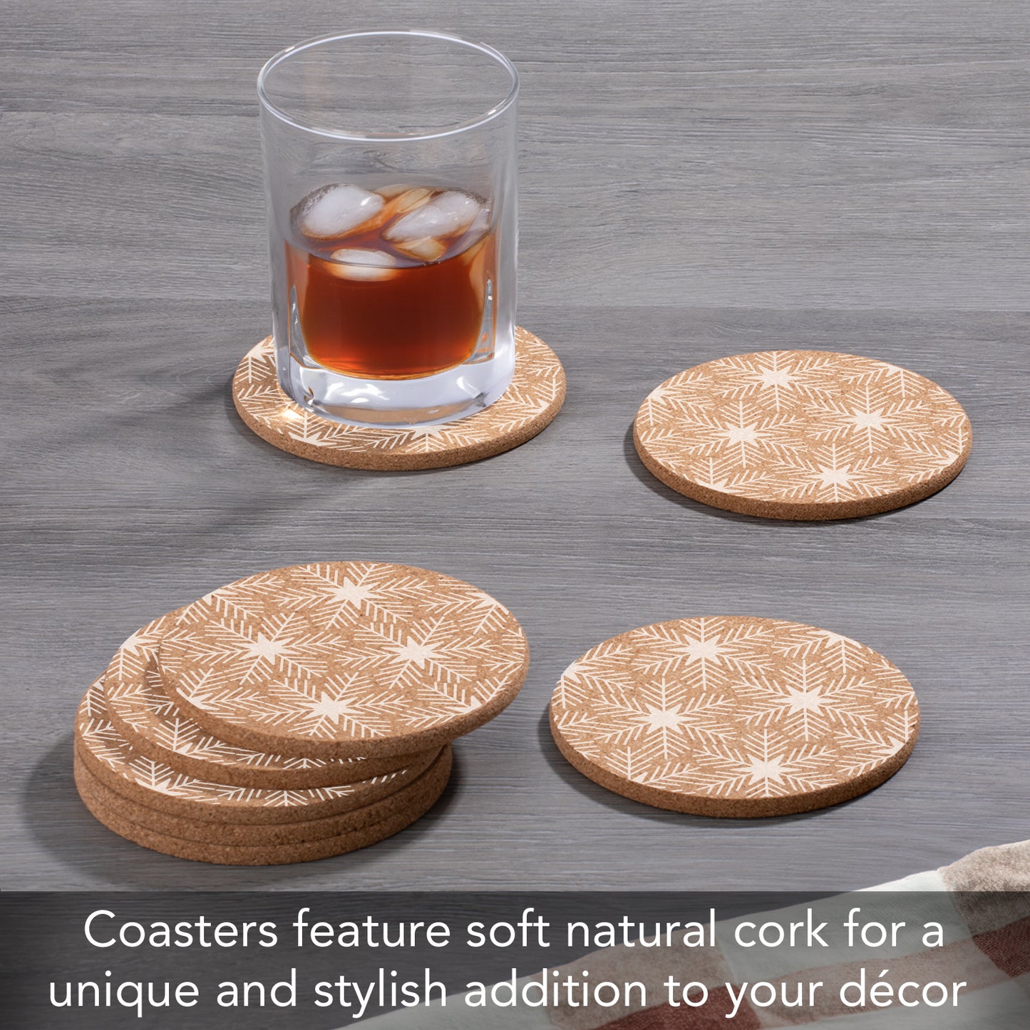 Thirstystone Snowflakes 8-Pack Thick Natural Cork Coasters Manufactured in The USA Eco-Friendly Absorbent Durable